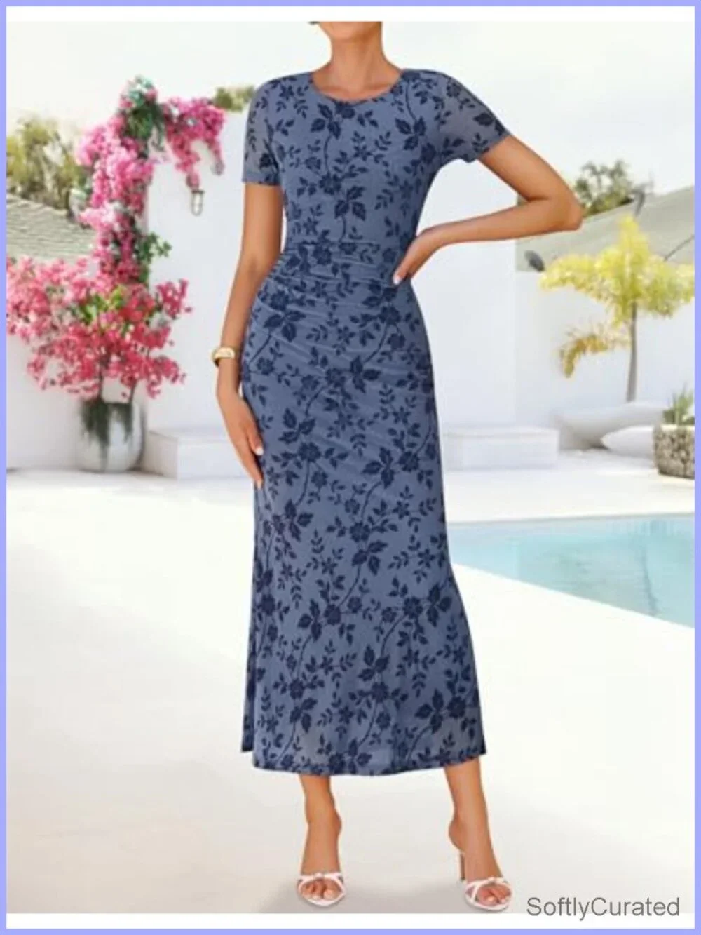 Women's Floral Short Sleeve Bodycon Long Dress Ruched Mesh Formal Cocktail